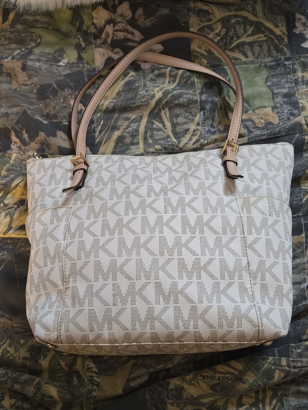 Michael Kors Light Beige MK Monogram Purse with Tan Straps